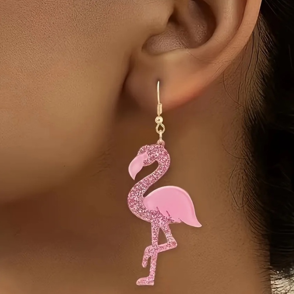 NEW Flamingo Sparkly Acrylic dangle Earrings Pink & Gold color - Boutique